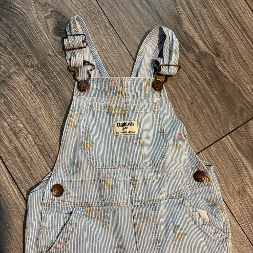 OshKosh B'gosh Light Blue Striped Overalls with Pastel Floral Print - Picture 3 of 7